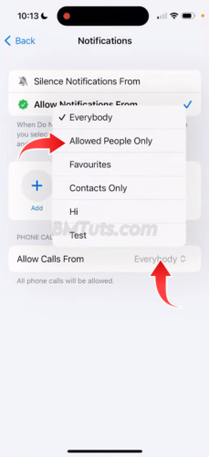 Screenshot of Allow Calls From section