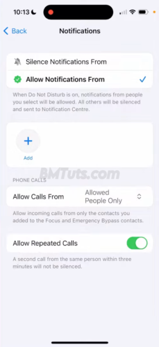 Screenshot of Allow Calls From section