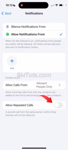 Screenshot of Allow Repeated Calls toggle