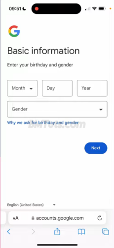 Screenshot of birthdate and gender entry screen