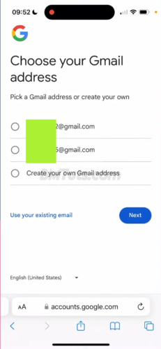 Screenshot of email address options