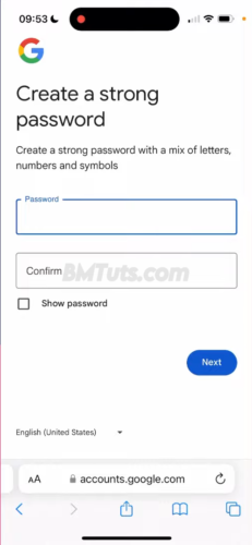 Screenshot of password creation screen